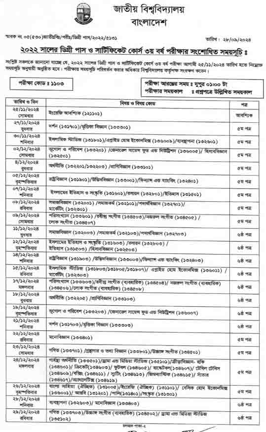 NU Degree 3rd Year Routine 2024: National University Bangladesh